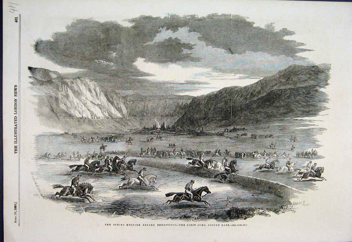 Original Old Antique Print 1856 Spring Horse Race Sebastopol Jump Victorian