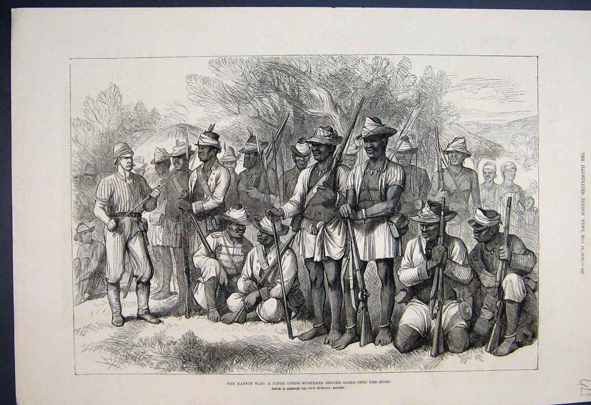 Old Antique Print 1878 Kaffir War Fingo Corps Mustered Going Bush Sketch 19th