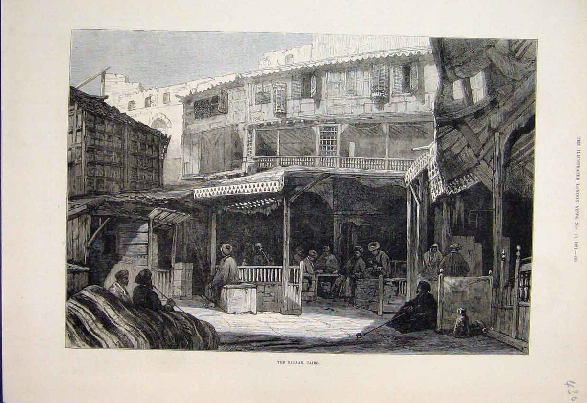 Original Old Antique Print 1881 Bazaar Cairo Smoking Pipe Buildings Victorian