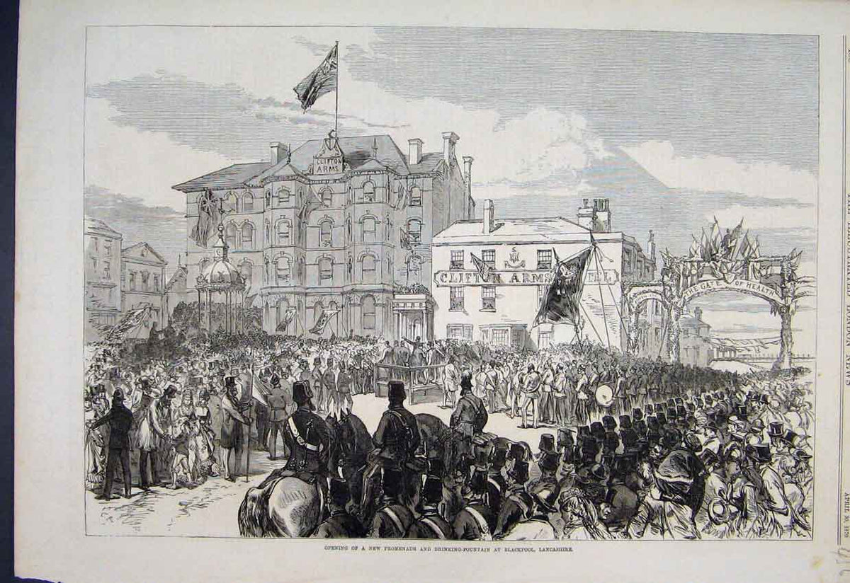 Original Old Antique Print 1870 Promenade Drinking Fountain Blackpool Victorian