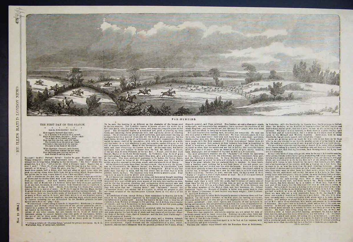Original Old Antique Print 1854 Fox Hunting Horses Jumping Fences Countryside