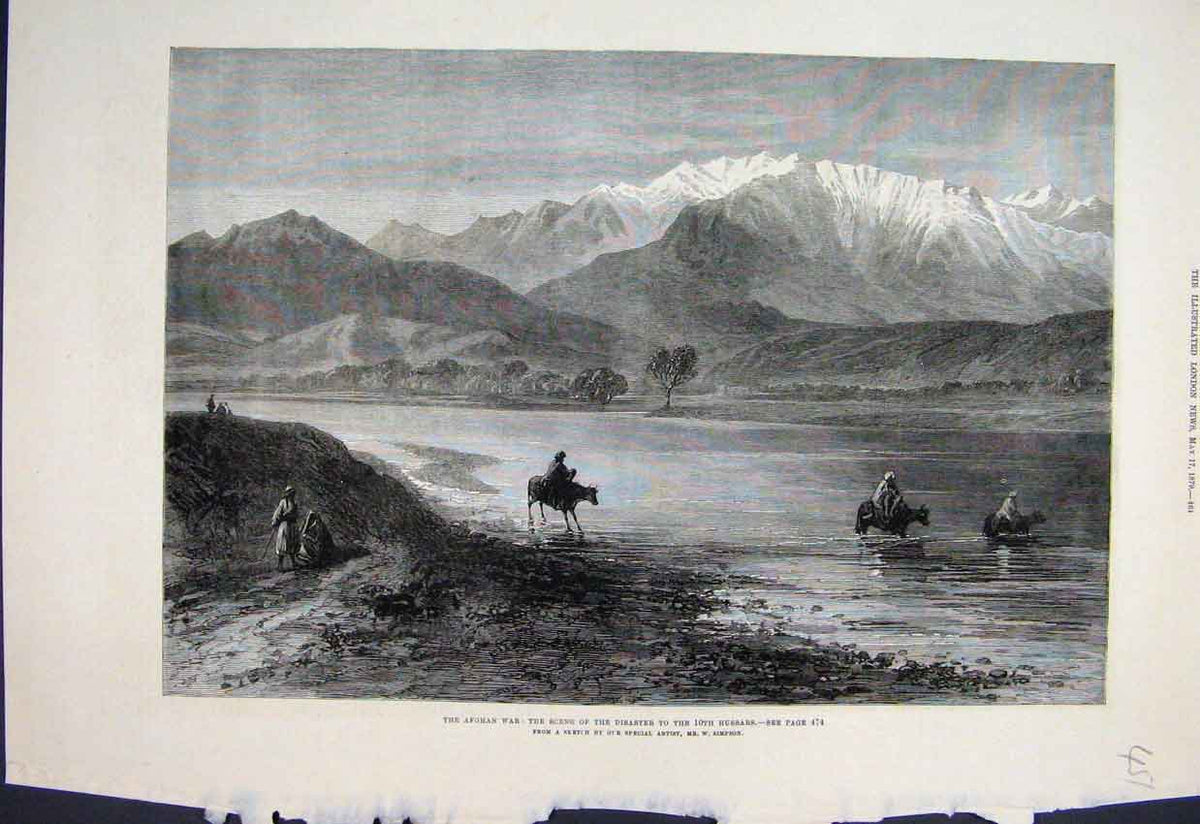 Original Old Antique Print 1879 Afghan War Scene Disaster Hussars Cattle Sketch