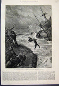 Original Old Antique Print 1880 Storms Sea Wreck Barque Balitham Plymouth Art