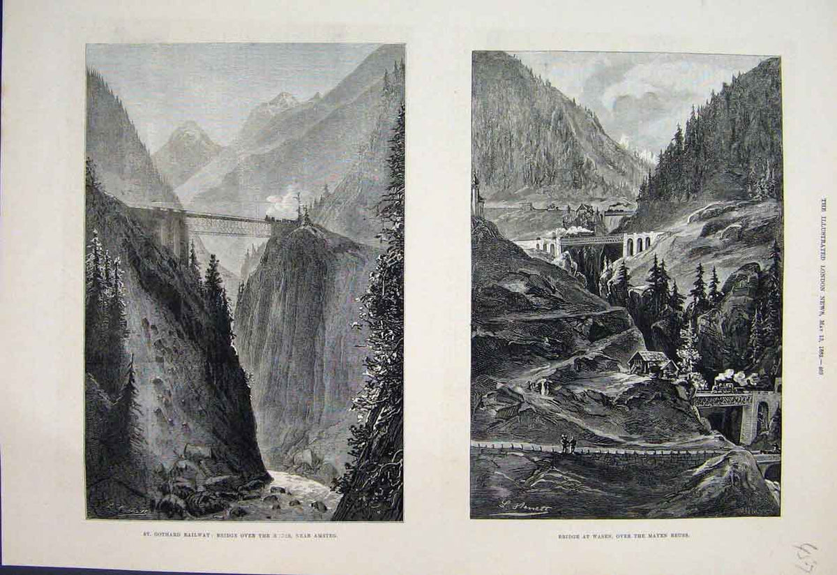 Original Old Antique Print 1882 Gothard Railway Bridge Russ Wasen Amsteg Train