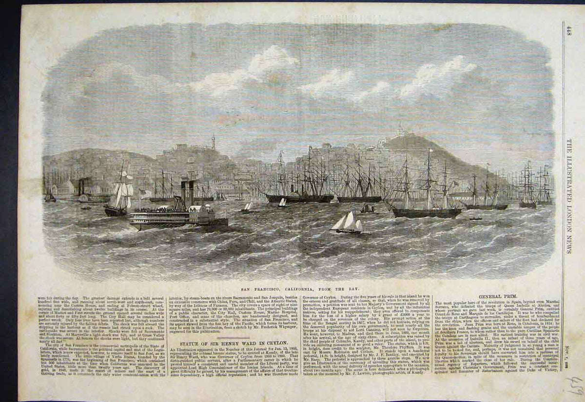 Original Old Antique Print 1868 San Francisco California Bay Ship Yacht 19th