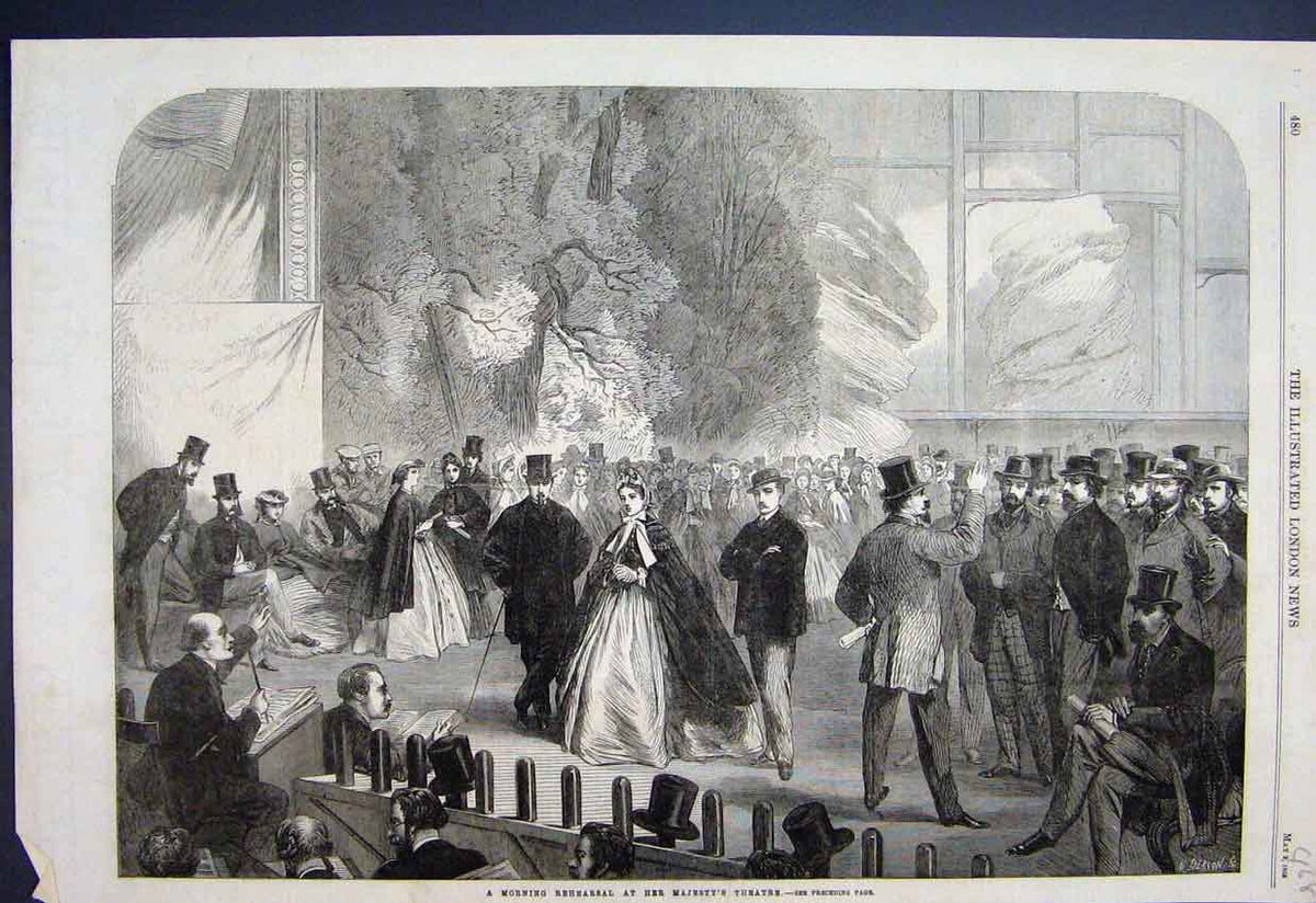 Original Old Antique Print 1863 Rehearsal Majesty Theatre Men Women Acting 19th