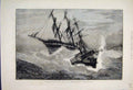 Original Old Antique Print 1881 Channel Tug Ditressed Ship Stormy Sea Victorian