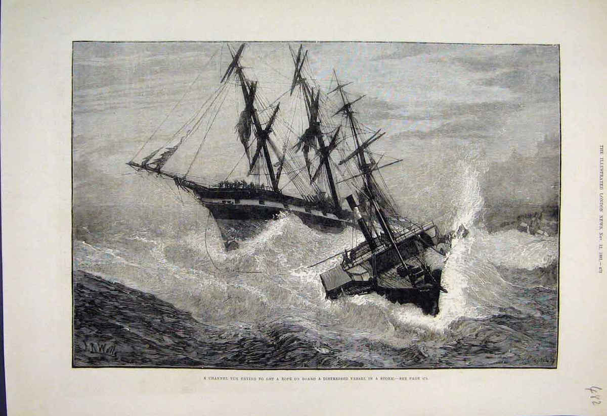 Original Old Antique Print 1881 Channel Tug Ditressed Ship Stormy Sea Victorian