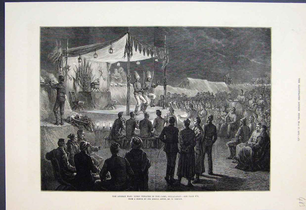 Original Old Antique Print 1879 Afghan War Lyric Theatre Camp Jellalabad Sketch