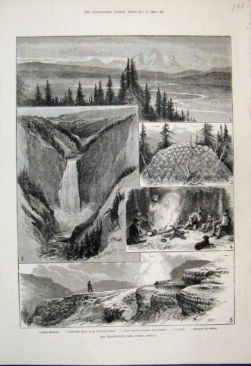 Old Antique Print 1883 Yellowstone Park North America Hot Springs Sketch 19th