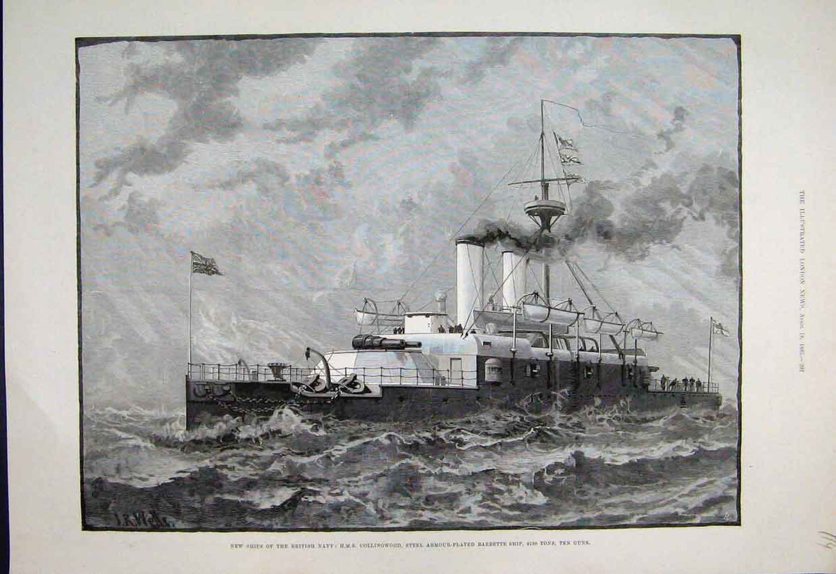 Original Old Antique Print 1885 Ships British Navy Collingwood Barbette Ship