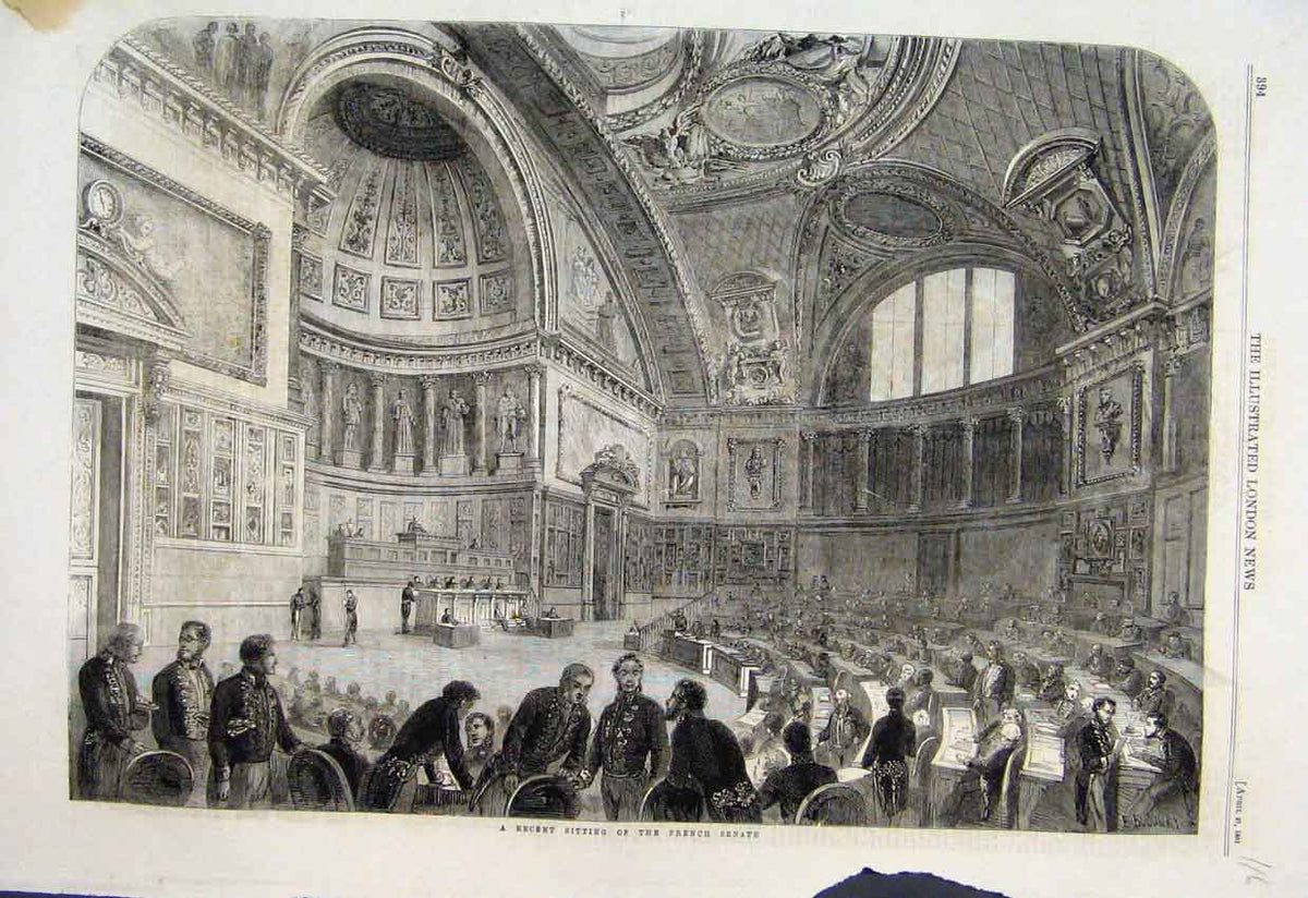 Original Old Antique Print 1861 Sitting French Senate Men Working Victorian