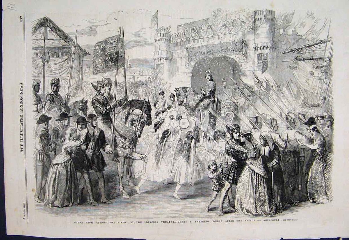 Original Old Antique Print 1859 Henry Fifth Princess Theatre Agincourt 19th