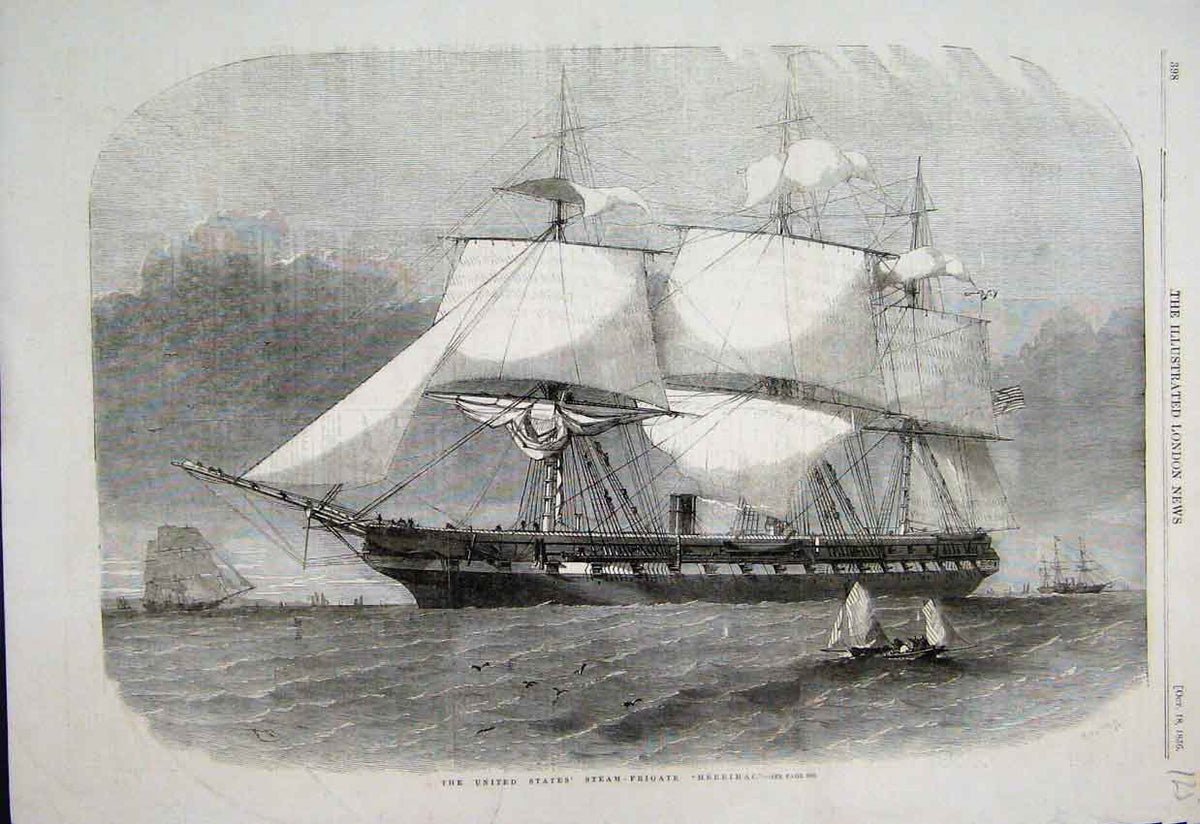 Original Old Antique Print 1856 United States Steam Frigate Ship 19th