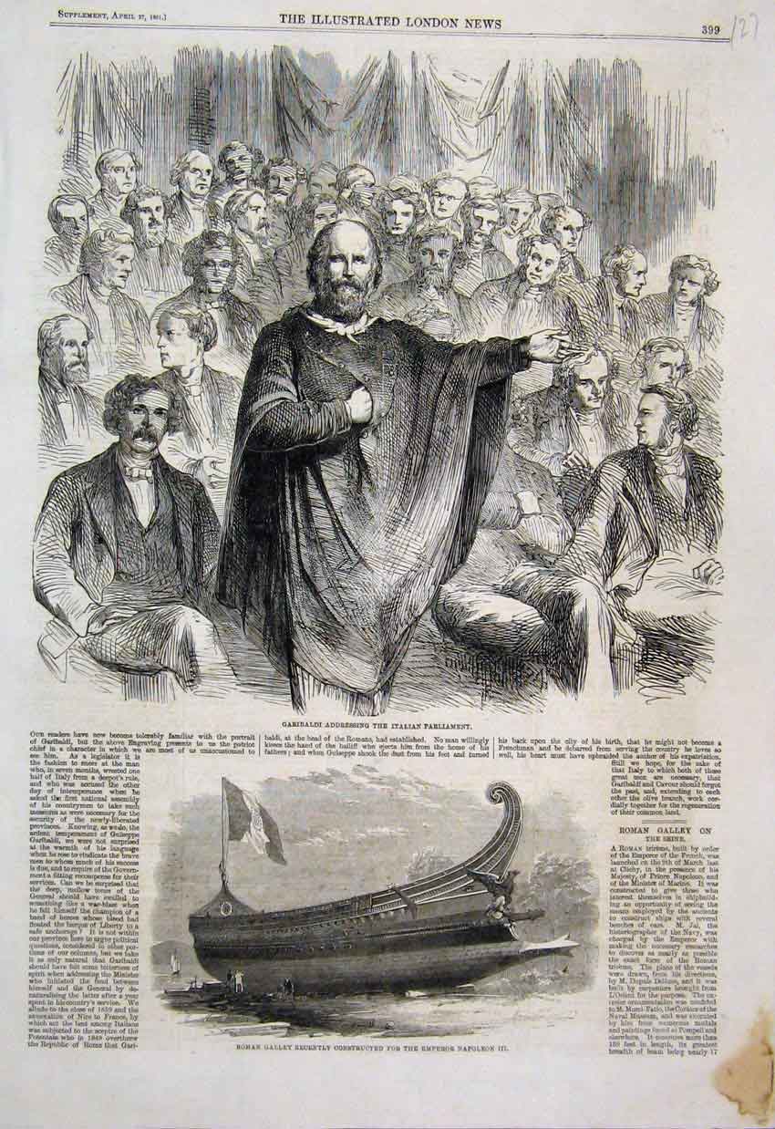 Original Old Antique Print 1861 Garibaldi Italian Parliament Roman Galley 19th