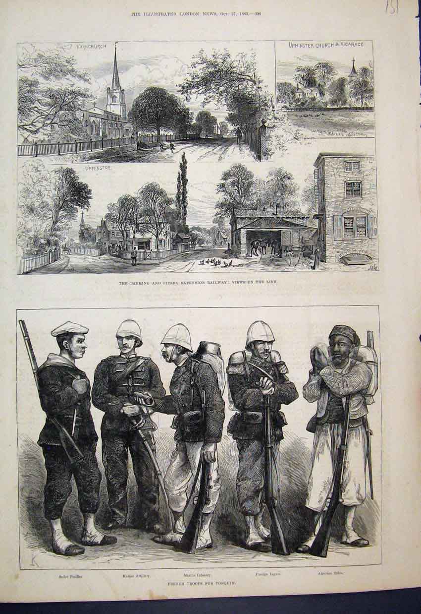 Original Old Antique Print 1883 Barking Pitsea Extension Railway French Troops