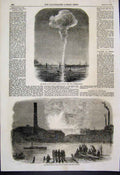 Original Old Antique Print 1856 Fire Vauxhall Railway Station Batersea Bridge