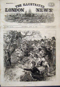 Original Old Antique Print 1870 Universities Boat Race Crowds Cheering 19th