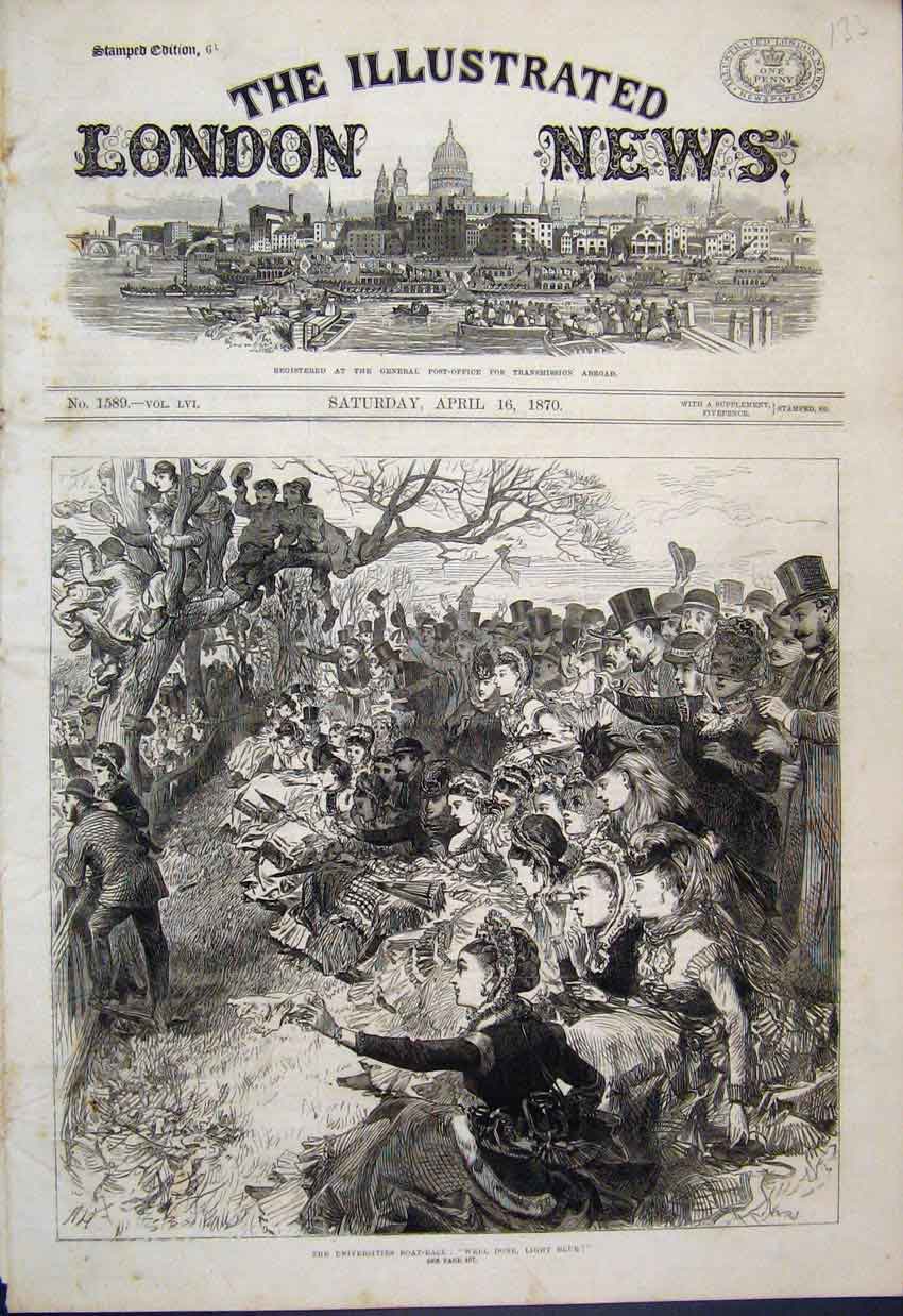 Original Old Antique Print 1870 Universities Boat Race Crowds Cheering 19th