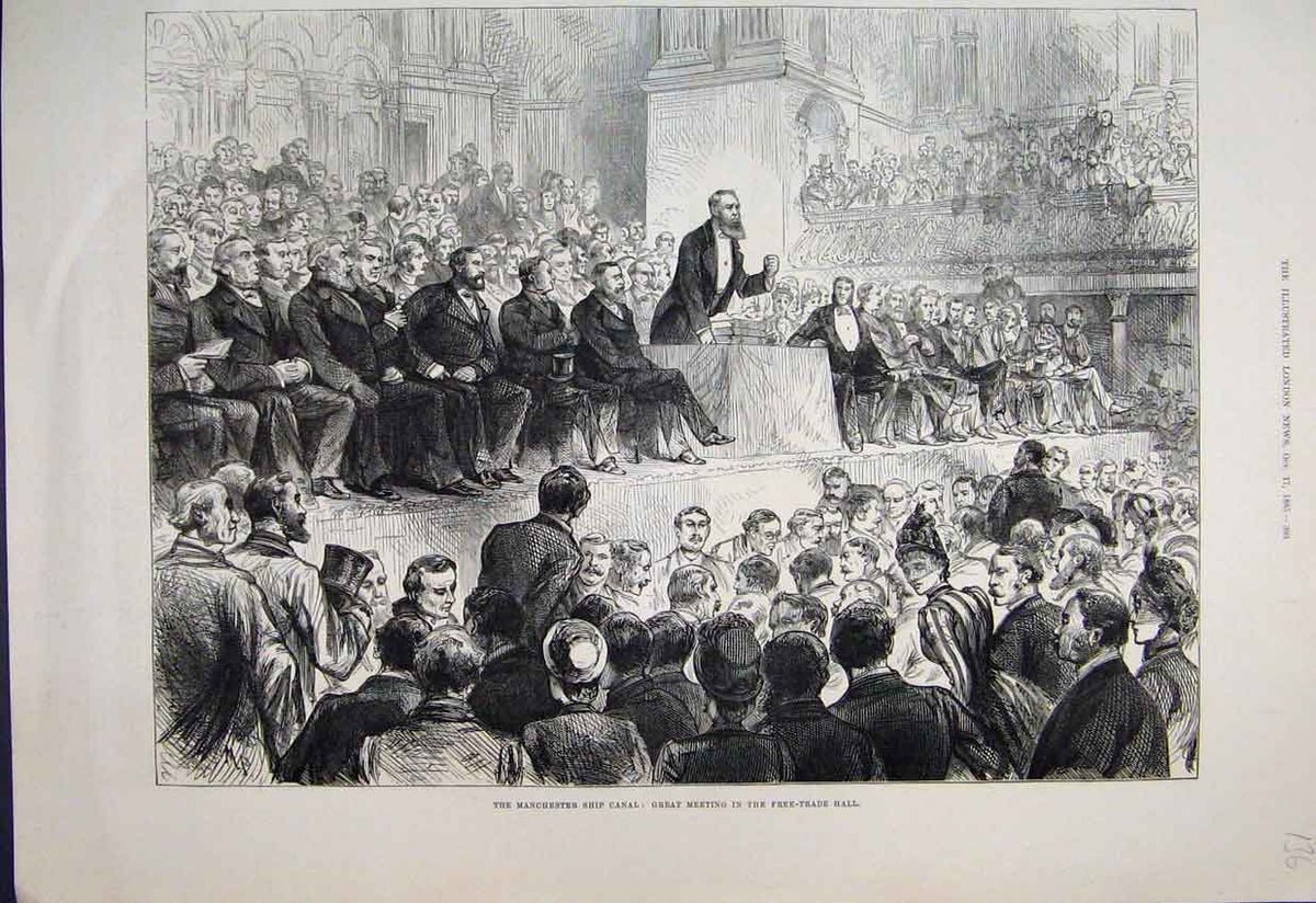Original Old Antique Print 1885 Manchester Ship Canal Free Trade Hall Victorian