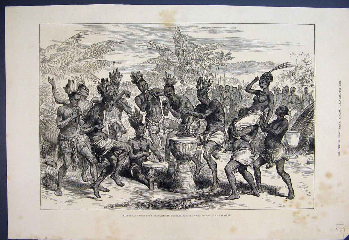 Old Antique Print 1876 Lieutenant Cameron Wedding Dance Kibaiyeli Sketch 19th