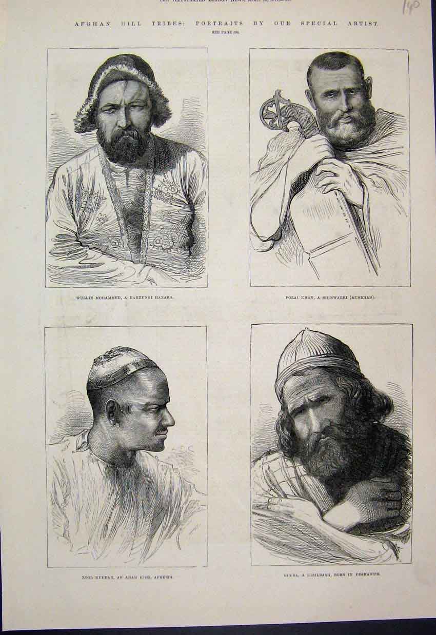 Original Old Antique Print 1879 Afghan Hill Tribes Mohammed Shinwarri Sketches