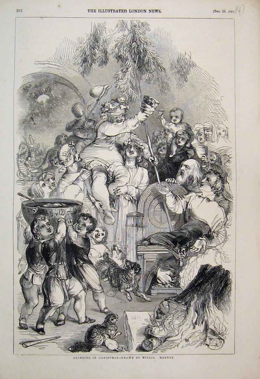 Original Old Antique Print 1845 Christmas Dogs Children Cheering 19th