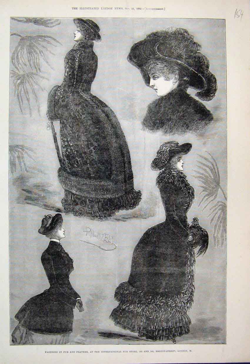 Original Old Antique Print 1882 Fashion Fur Feather Store Regent Street London