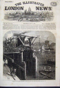 Original Old Antique Print 1866 Thames Embankment Piles Cofferdam Victorian