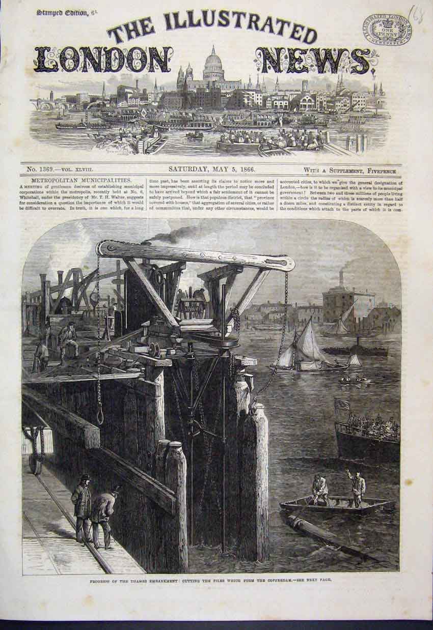 Original Old Antique Print 1866 Thames Embankment Piles Cofferdam Victorian