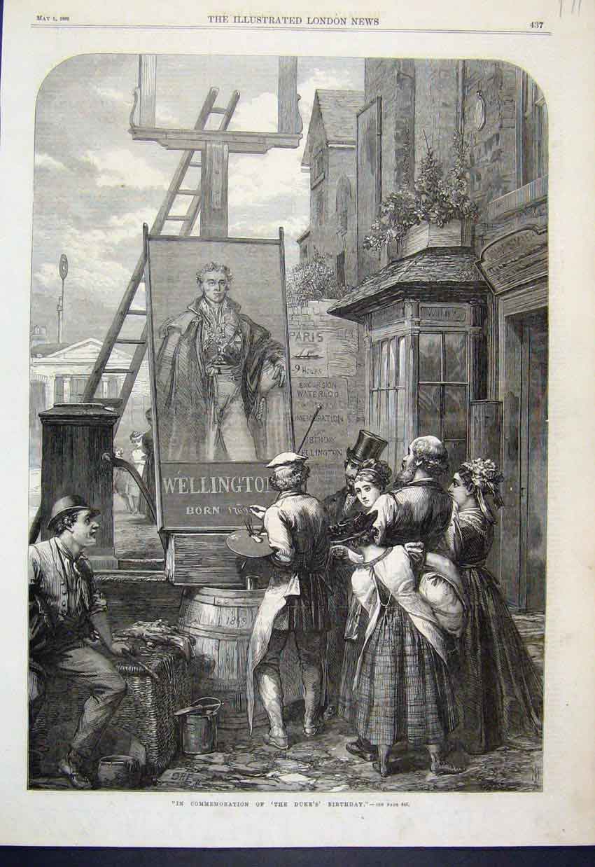 Original Old Antique Print 1869 Commemoration Duke Wellinton Birthday Victorian