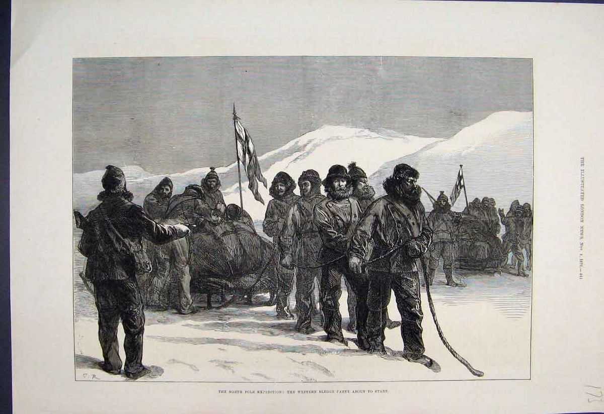 Original Old Antique Print 1876 North Pole Expedition Western Sledge Party 19th