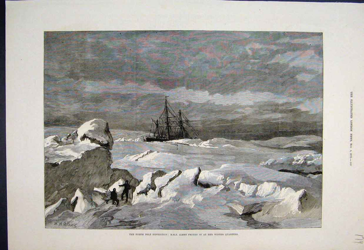 Original Old Antique Print 1876 North Pole Expedition Hms Alert Frozen 19th