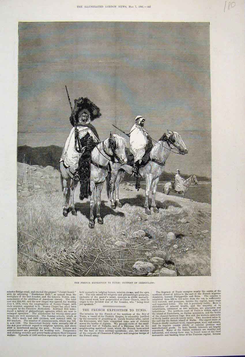 Original Old Antique Print 1881 French Expedition Tnis Outpost Horse Victorian