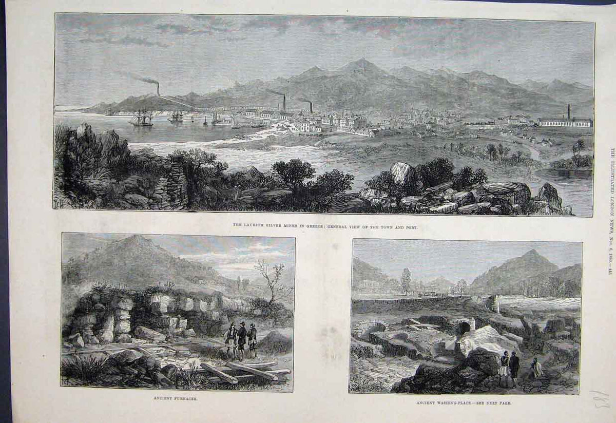 Original Old Antique Print 1880Lautium Silver Mines Ancient Furnaces Victorian