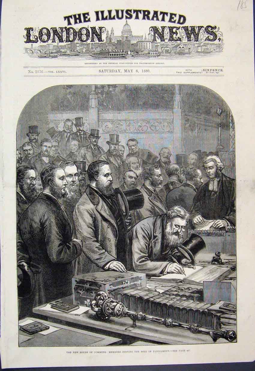 Original Old Antique Print 1880 House Commons Signing Roll Parliament Victorian