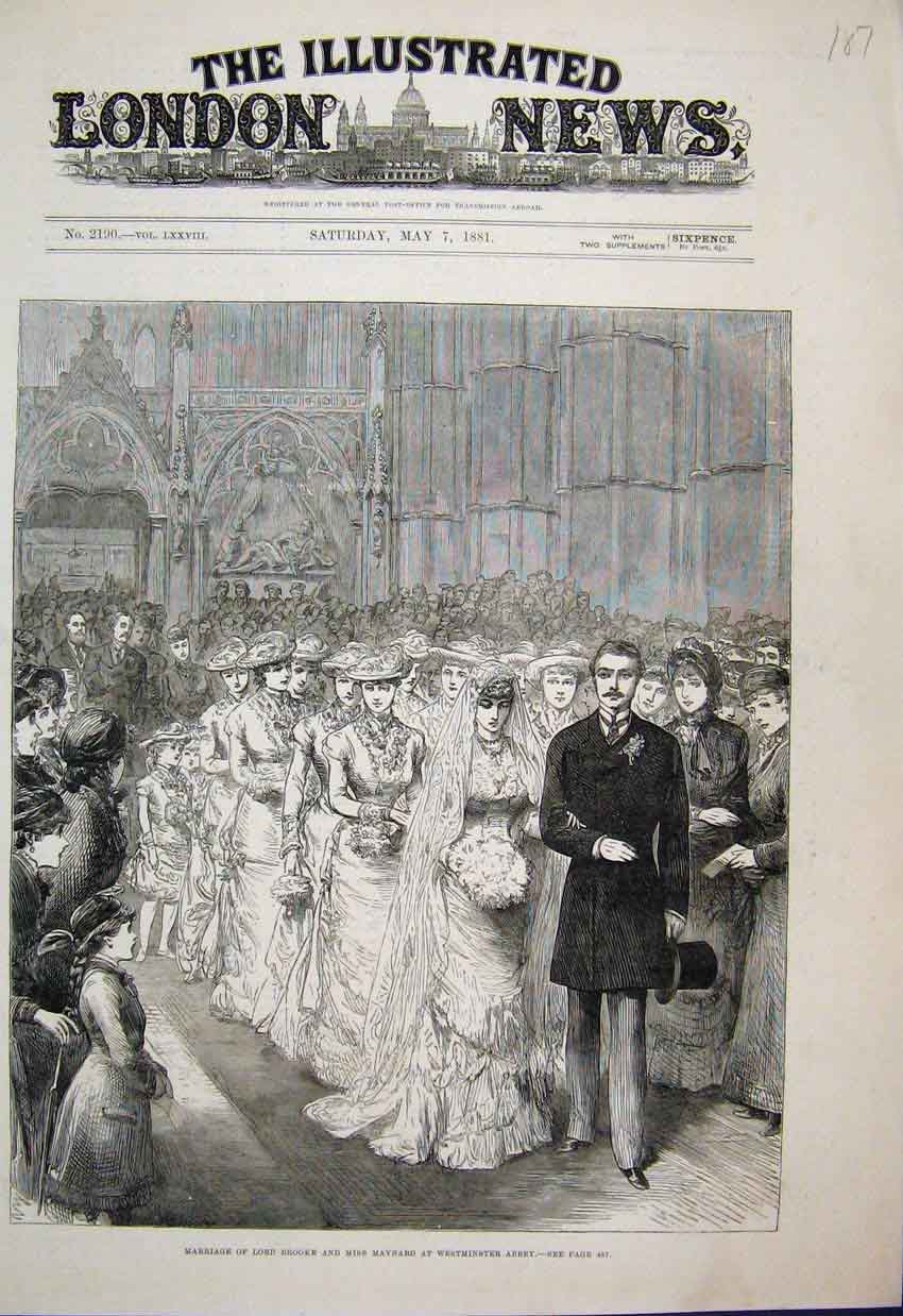 Original Old Antique Print 1881 Marriage Lord Brooke Maynard Westminster 19th