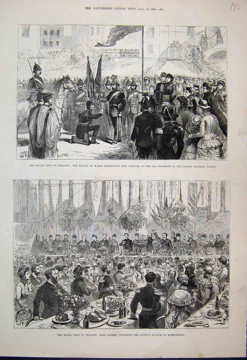 Original Old Antique Print 1885 Prince Wales Ireland Castle Gardens Queenstown
