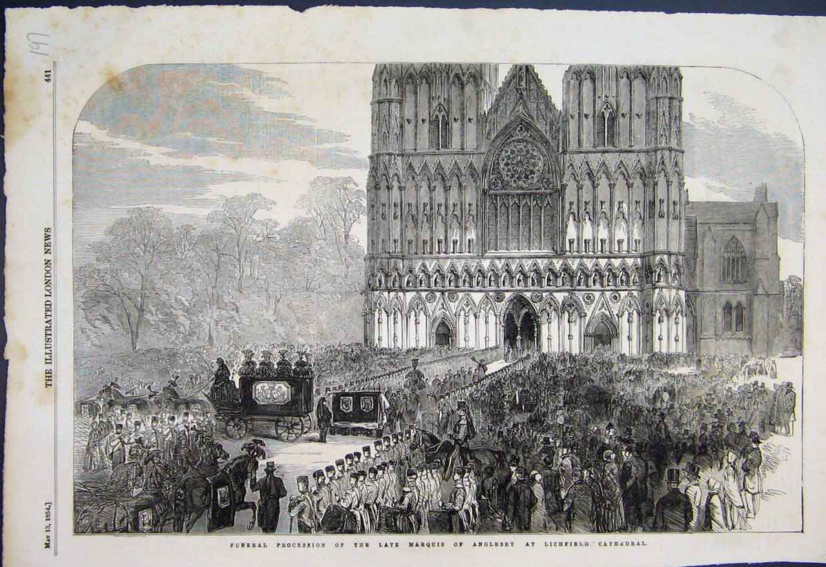 Original Old Antique Print 1854 Funeral Procession Marquis Anglesey Lichfield
