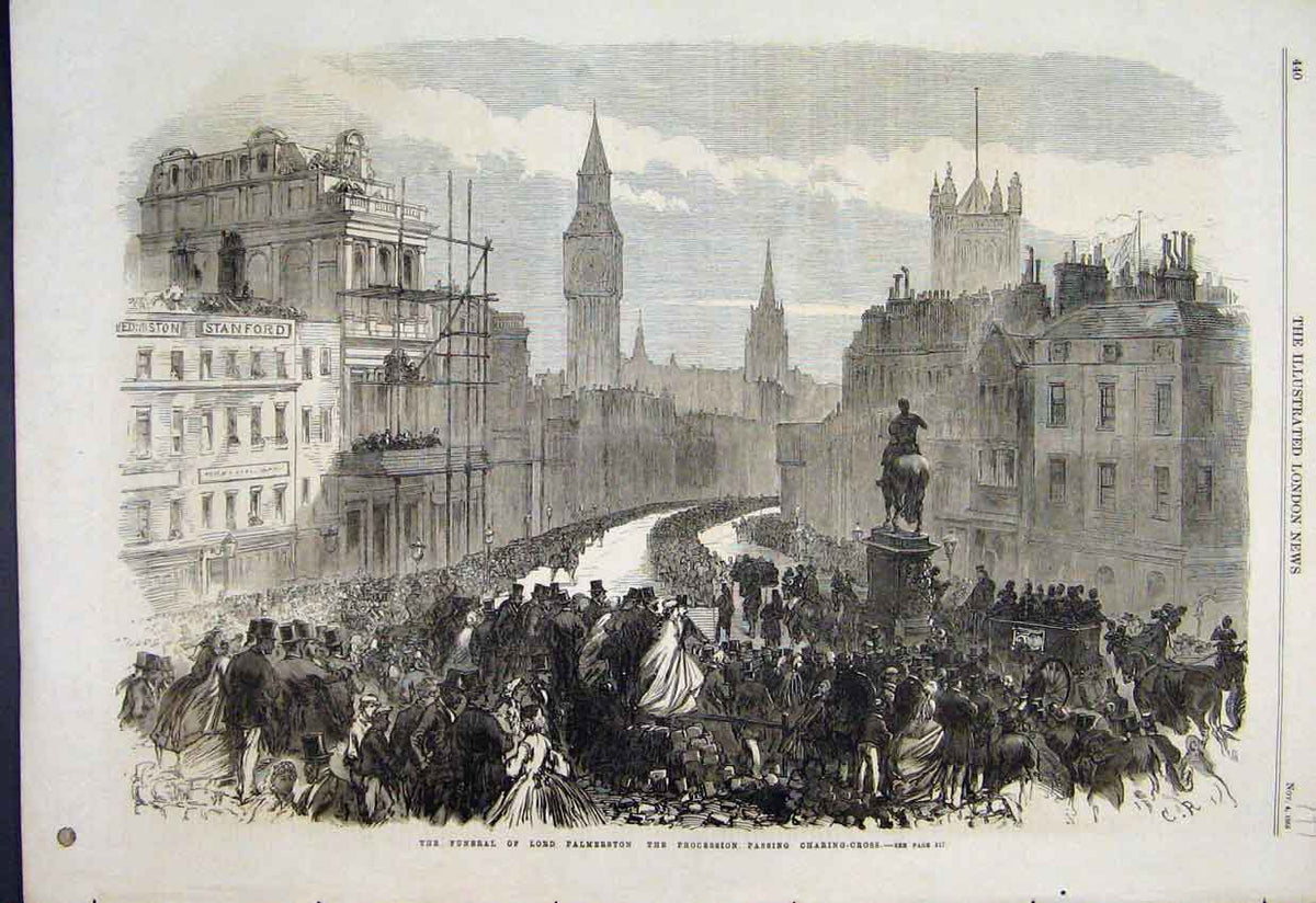 Original Old Antique Print 1865 Funeral Lord Palmerston Charing Cross Victorian