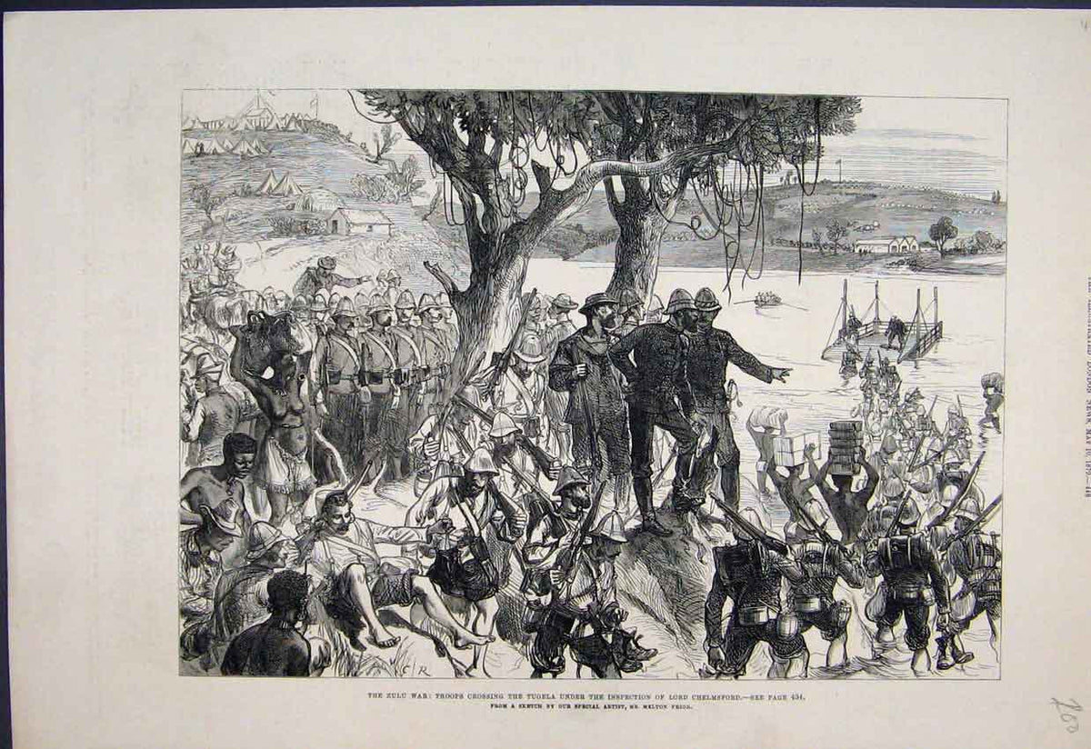 Original Old Antique Print 1879 Zulu War Troops Tugela Lord Chelsford Sketch