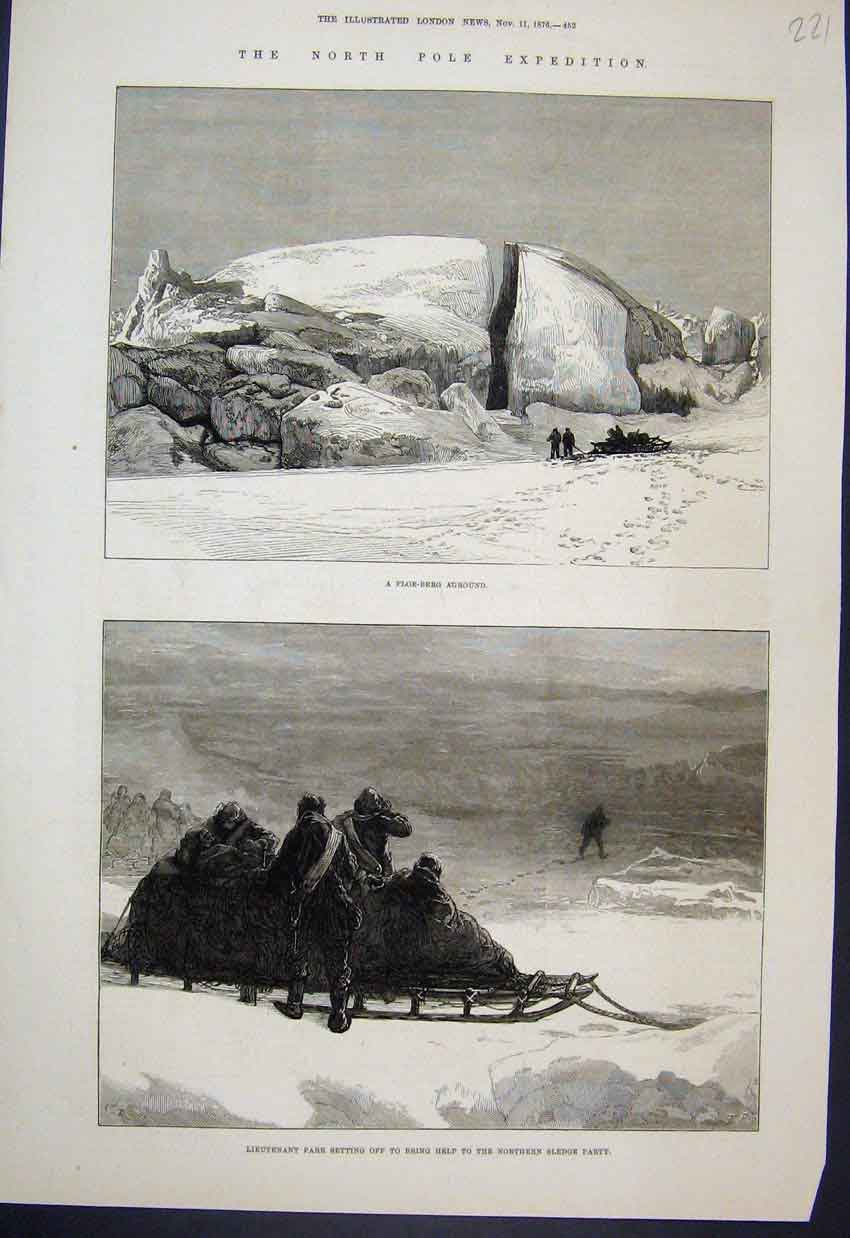 Original Old Antique Print 1876 North Pole Expedition Parr Sledge Party 19th