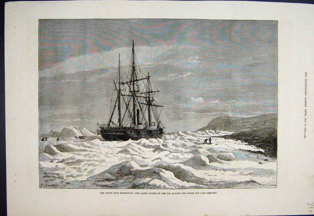 Original Old Antique Print 1876 North Pole Capebeechey Expedition Albert 19th