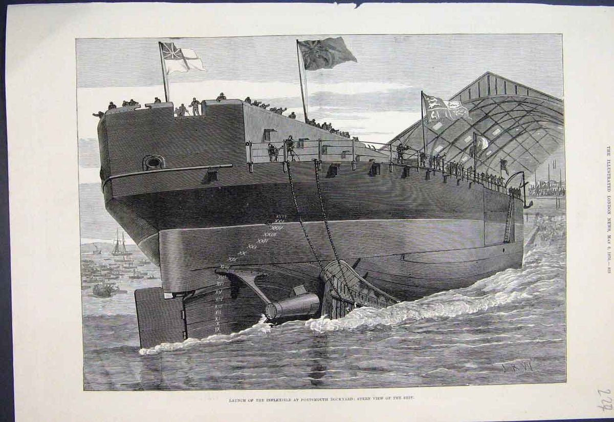 Original Old Antique Print 1876Inflexible Portsmouth Dockyard Stern View 19th