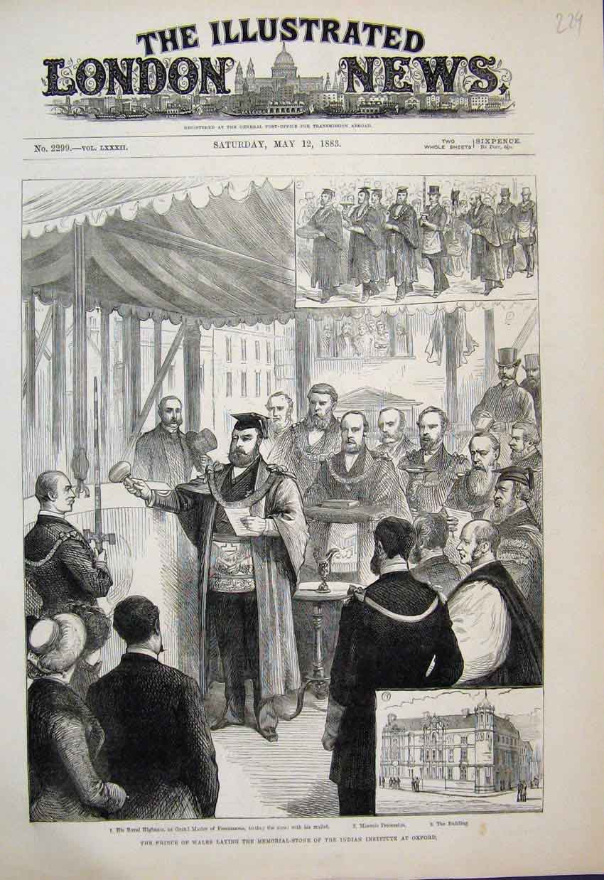 Original Old Antique Print 1883 Prince Wales Memorial Stone Indian Institute
