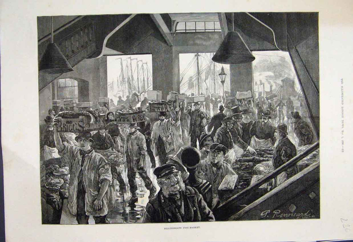 Original Old Antique Print 1886 Billingsgate Fish Market Men Working Victorian