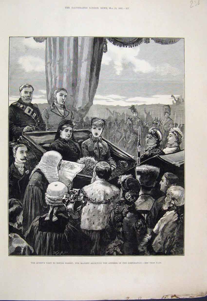 Original Old Antique Print 1882 Queen Epping Forest Address Corporation 19th