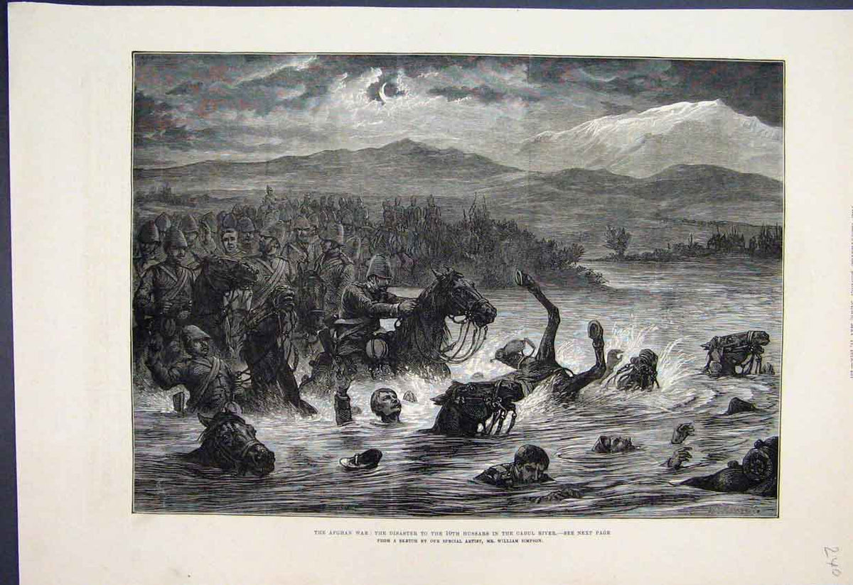 Original Old Antique Print 1879 Afghan War Disaster Hussars Cabul River Sketch