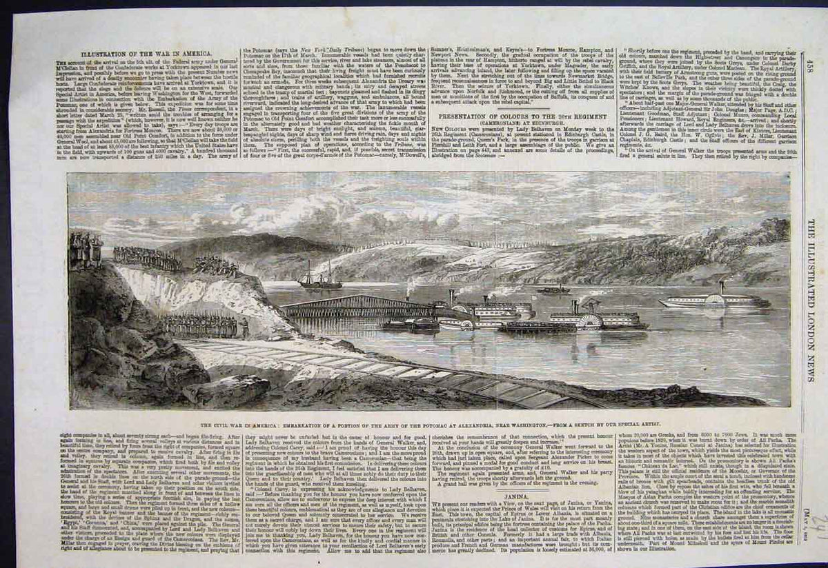 Old Antique Print 1862 Civil War America Potomac Alexandria Boat Sketch 19th