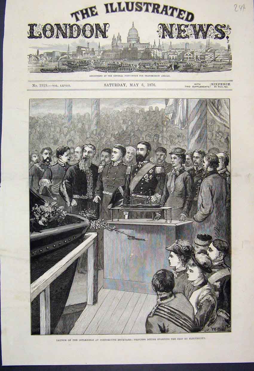 Original Old Antique Print 1876 Inflexible Launch Protsmouth Louise Victorian